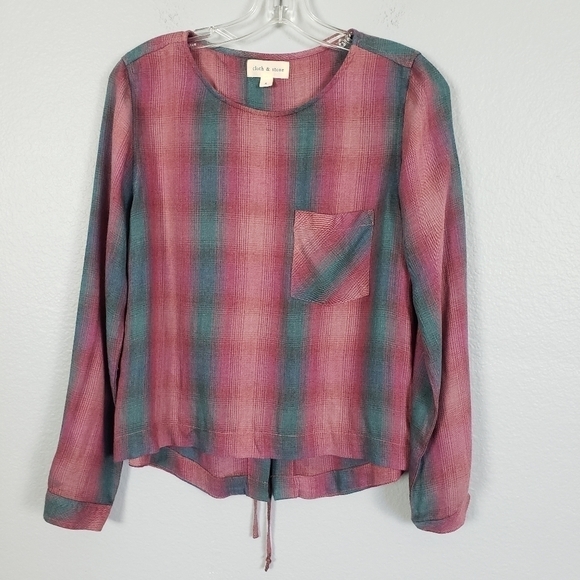 ANTHRO CLOTH & STONE Plaid Long Sleeve Tie Back Front Pocket Top Sz S - Picture 2 of 9